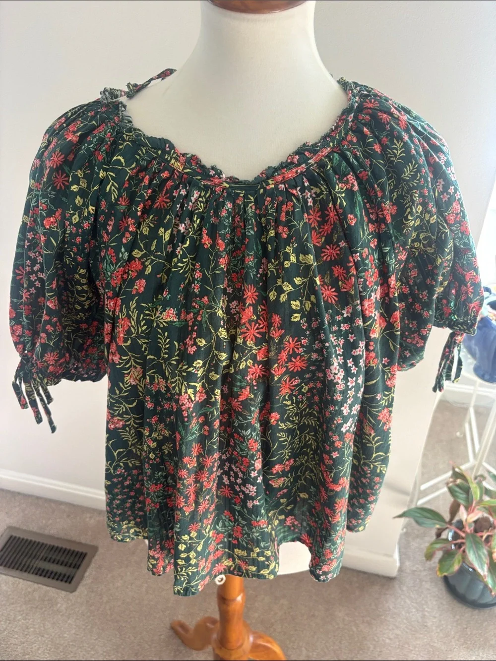 LOFT Forest Green Floral Peasant Blouse